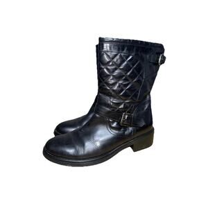 Aquatalia Black Quilted Leather Buckle Moto Boots Mid Calf Womens Size 9